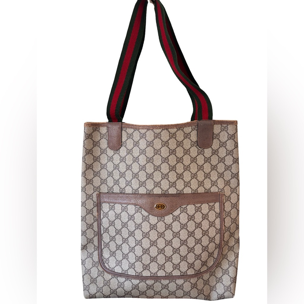 Sold‼️ Gucci Vintage GG Supreme Canvas Tote Green Red Web Stripe Italy